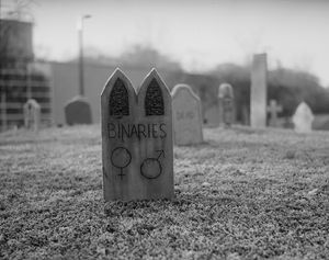 A gravestone that reads "binaries"